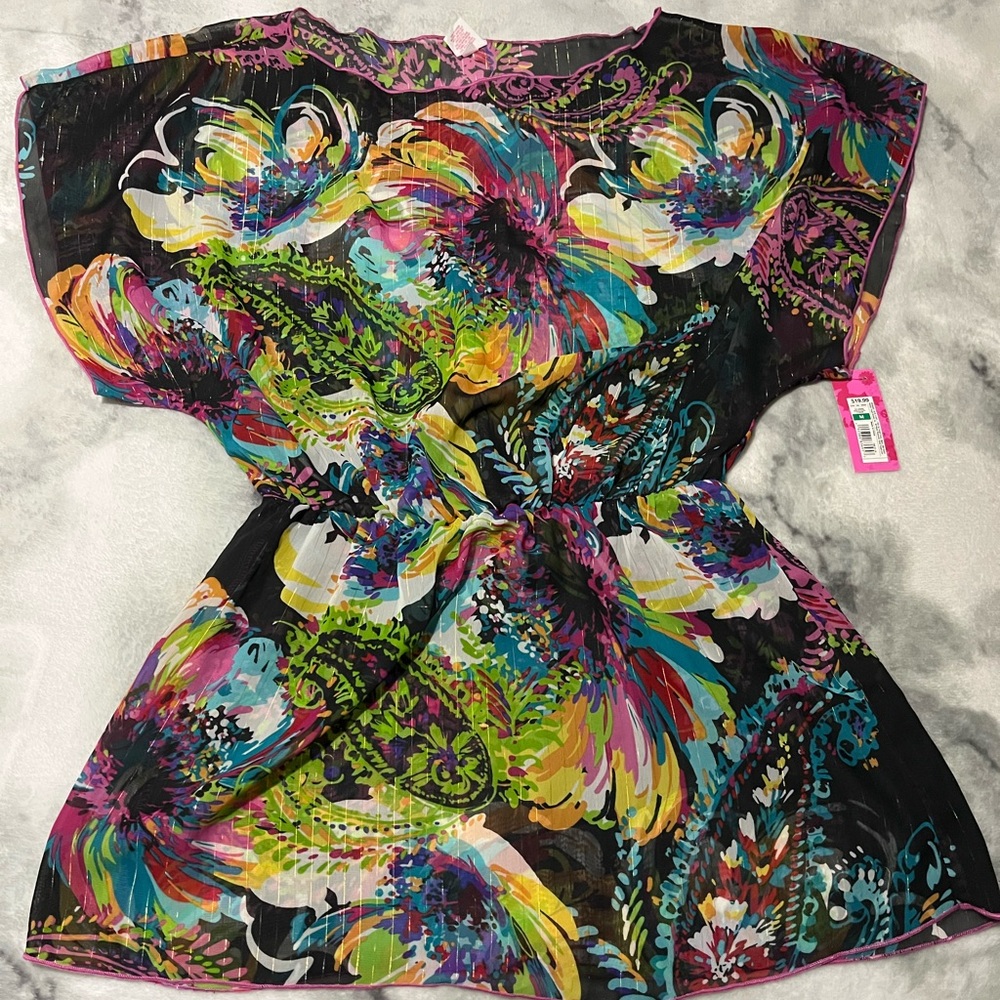 Beach coverup multi colored with elastic waist transparent